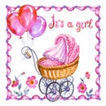 Greeting Card for birth of a girl with a baby carriage and balloons Royalty Free Stock Photo