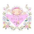 Greeting Card For The Birth Of A Girl. Baby Shower. Vector