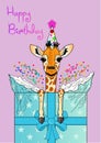 Greeting card birthday baby giraffe breaking out of present