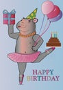 Greeting card birthday hippo in balancing act ballet