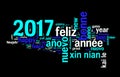 2017 greeting card on black background, new year in many languages