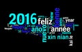 2016 greeting card on black background, new year translated in many languages Royalty Free Stock Photo