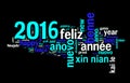 2016 greeting card on black background, new year translated in many languages Royalty Free Stock Photo