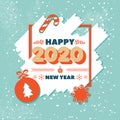 Greeting card blue 2020 sale with frame in Christmas theme and inscription Happy New Year. Christmas background with ball, Royalty Free Stock Photo
