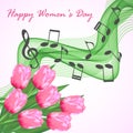 Greeting card with a bouquet of pink tulips and abstract musical notes Royalty Free Stock Photo