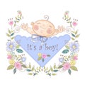 Greeting card of the boy`s birth. Baby shower. Vector Royalty Free Stock Photo