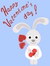 Greeting card with a Bunny and hearts. Inscription happy Valentine`s day. Grey and red figures on a blue background. Vector