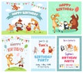 Greeting card with cartoon animals. Cute animal musicians play happy birthday song, dancing party invitation poster and
