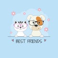 Greeting card, cartoon cat and dog best friends isolated on a blue background. Royalty Free Stock Photo