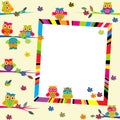 Greeting card with cartoon owls and frame Royalty Free Stock Photo