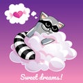 Greeting card with a cartoon raccoon on the cloud