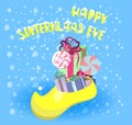 Greeting card in cartoon style with a traditional Dutch shoe filled with gifts and sweets. St. Nicolas day.. Royalty Free Stock Photo