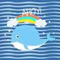 Greeting card with charming little whale on background with blue stripes.