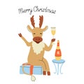 Greeting card with a cheerful deer drinking champagne Royalty Free Stock Photo