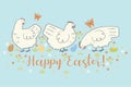 Greeting card with with chickens and flowers and the inscription Happy Easter. Vector graphics Royalty Free Stock Photo