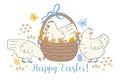 Greeting card with with chickens and flowers and the inscription Happy Easter. Vector graphics Royalty Free Stock Photo