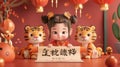 Greeting card for the Chinese New Year in 2022. A girl is writing calligraphy on couplets alongside two cute tigers Royalty Free Stock Photo