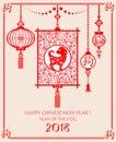 Greeting card for Chinese New year 2018 with hanging paper lantern, hieroglyph and dog