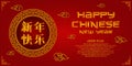 Greeting card chinese new year with lion dance cartoon vector, poster or banner design, celebration, chinese character font is mea Royalty Free Stock Photo