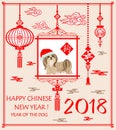 Greeting card for Chinese New year 2018 with puppy shi tsu, hanging Chinese lantern and hieroglyph