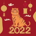 greeting card Chinese new year 2022 year of the tiger cartoon character design. Tiger vector illustration. Translation Royalty Free Stock Photo