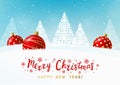 Greeting card with Christmas balls on snow background for winter holiday design