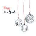 Greeting card with Christmas balls. Vector hand drawn New Year illustration.