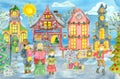 Greeting card with Christmas carolers, beautiful vintage houses and children in skedges at sunny day
