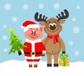 Pig in Santa Claus costume and funny reindeer.