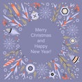 Greeting card for Christmas and New Year with Christmas decorations, plants and snowflakes