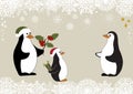 Greeting card with Christmas penguins family and snowflake