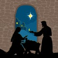 Greeting card with a Christmas story. Mary and Joseph with the baby Jesus in Bethlehem Royalty Free Stock Photo