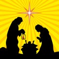 Greeting card with a Christmas story. Mary and Joseph with the baby Jesus in Bethlehem Royalty Free Stock Photo