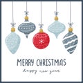 A greeting card. Christmas toys with hand-drawn patterns and ornaments and hand-written words Merry Christmas and New Year. White Royalty Free Stock Photo