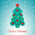 Greeting card with Christmas tree decorated with colorful balls, snowflakes, gifts and star. Vector illustration.