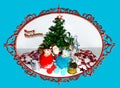 Greeting card for Christmas. Two Snow Maiden dolls and Santa Claus near the Christmas tree