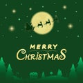 Greeting card for Christmas, xmas and winter holidays. Santa in sleigh with reindeers flying on night background Royalty Free Stock Photo