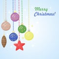 A greeting card with colorful Christmas tree toys - balls, stars and cones. homemade holiday winter decor Royalty Free Stock Photo