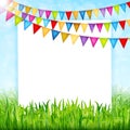 Greeting card with colorful flags and green grass background