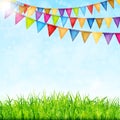 Greeting card with colorful flags and green grass