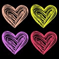 Greeting card with colorful hand drawn wiith chalk hearts on a black background, vector design for a valentine`s day