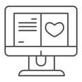 Greeting card on computer thin line icon. Heart shape and text layout symbol, outline style pictogram on white