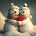 Greeting card couple in love cute snowmen and snow Couple. Vintage design for Valentine`s Day/Christmas. Generative AI Royalty Free Stock Photo