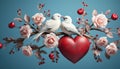 Greeting card with a couple of white birds, a heart and an arrow for Valentine\'s day