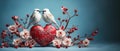 Greeting card with a couple of white birds, a heart and an arrow for Valentine\'s day