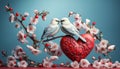 Greeting card with a couple of white birds, a heart and an arrow for Valentine\'s day