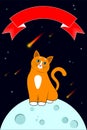Greeting card, cover, print. Cute cartoon cat with festive ribbon, moon, stars and meteorites. Vector