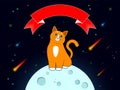 Greeting card, cover, print. Cute cartoon cat with festive ribbon, moon, stars and meteorites. Vector