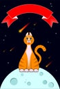 Greeting card, cover, print. Cute cartoon cat with festive ribbon, moon, stars and meteorites. Vector