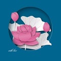 Greeting card with cut out round frame and floral background with pink lotus flowers decoration on the blue backdrop